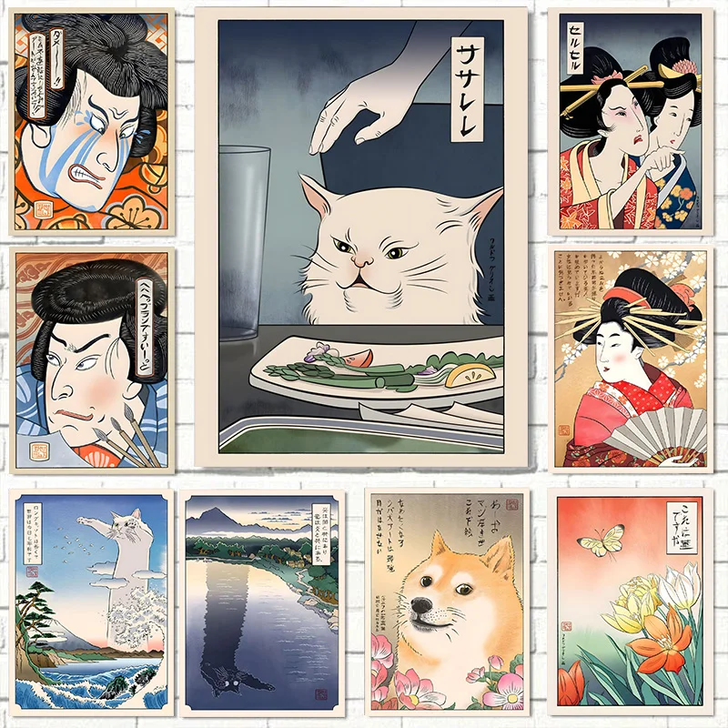 Vtipná japonská žena kričí na Cat Doge meme čierna biela longcat plátno maľba nástenná umelecká plagát tlač pre miestnosť domáci dekor