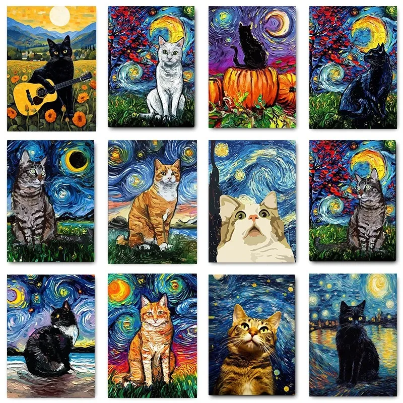 Vtipná čierna mačka hviezdna noc Van Gogh Artwork Canvas Olejová maľba Abstrakt