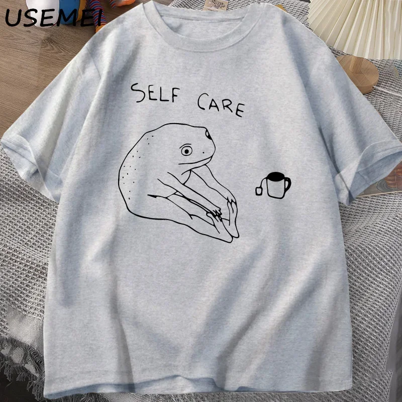 Vtipná žaba Self Care Tričko Retro Cottagecore Frog Tlačené tričko Ženy Men letný okrúhly krk krátky rukáv tričko Streetwear