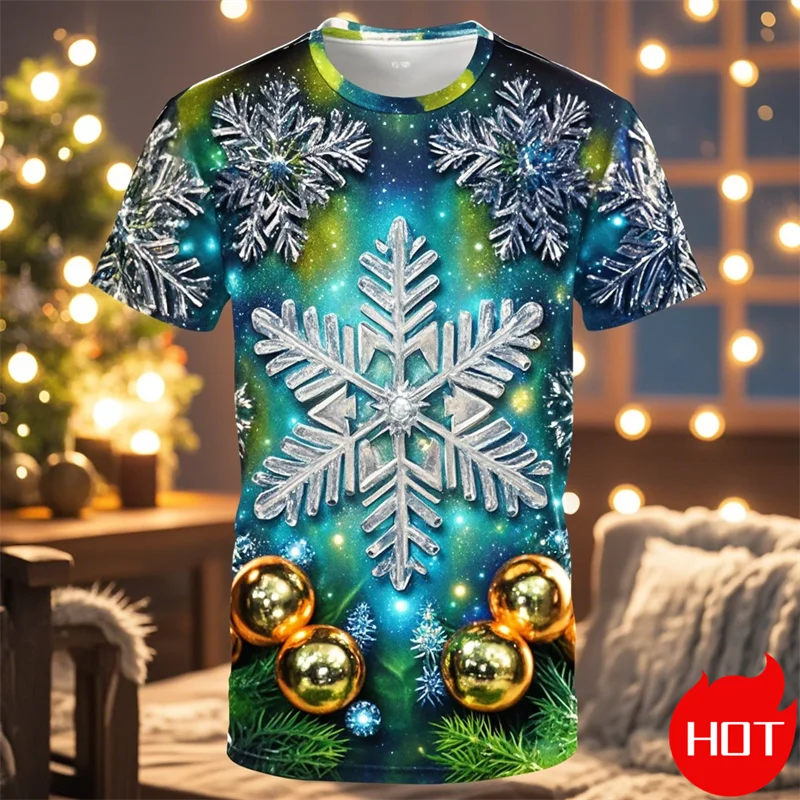 Vtipné 3D snehové vločky Pánske tričko Vianoce Príležitostné voľné voľné rukávy Tops Tops módne novoročné darčekové tričká vianočné oblečenie vrcholy