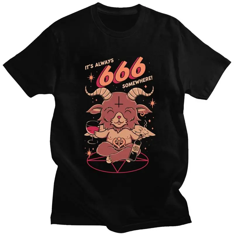 Vtipné baphomet Purr Evil Satan T tričko bavlnené tričko Kawaii Lucifer kozie tričko s nadmerným unisexom unisex vrcholov streetwear pánske oblečenie