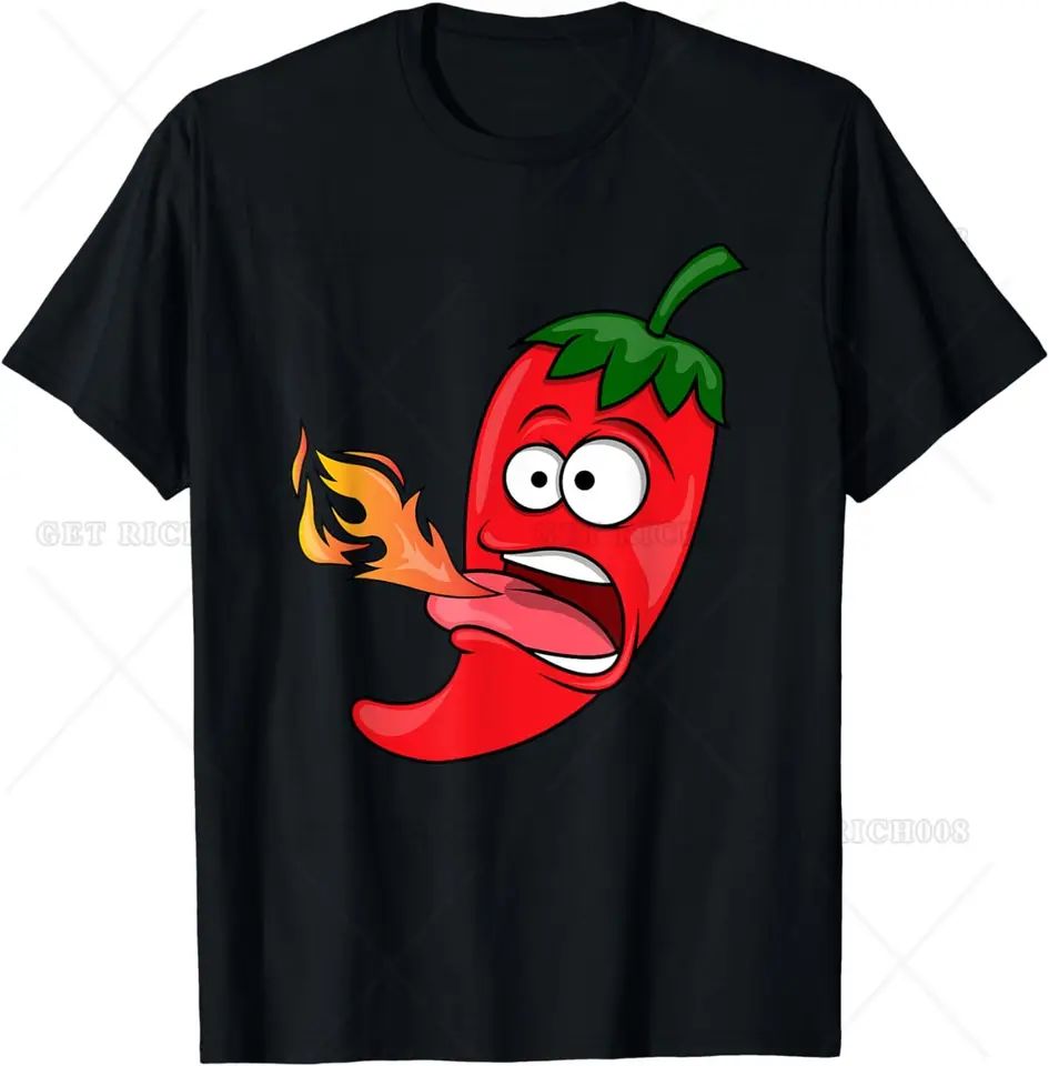 Vtipné chilli papriky dýchanie Fire Tričko Červené horúce karikatúra Fire Pepper Lovers krátke rukávy nadrozmerné tričko
