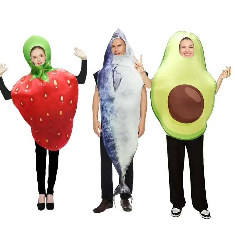 Vtipné dospelé ovocné párty kostým Strawberry Fish Tlačte špongiu pódium kostýmy Halloween Food Cosplay outfit outfit