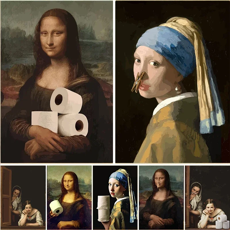 Vtipné kúpeľňové toaletné kotúče papierová maľba maľba mona Lisa plátno výtlačky plagáty dekorácie domáce nástenné umenie