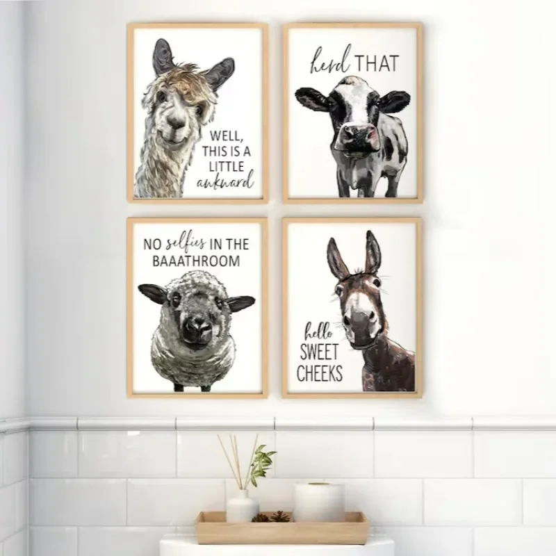 Vtipné kúpeľňové umenie plagát Camel krava ovce Donkey Wall Canvas maľba farma karikatúra zvieratá Humor dekoration galéria nástenné umenie