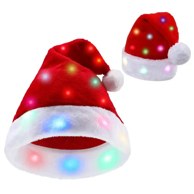Vtipné LED svetlo vianočné klobúky Plyšové Santa Klobúky s jasnými svetlami Nový rok slávnostné sviatočné večierky Dodávky pre dospelých deti