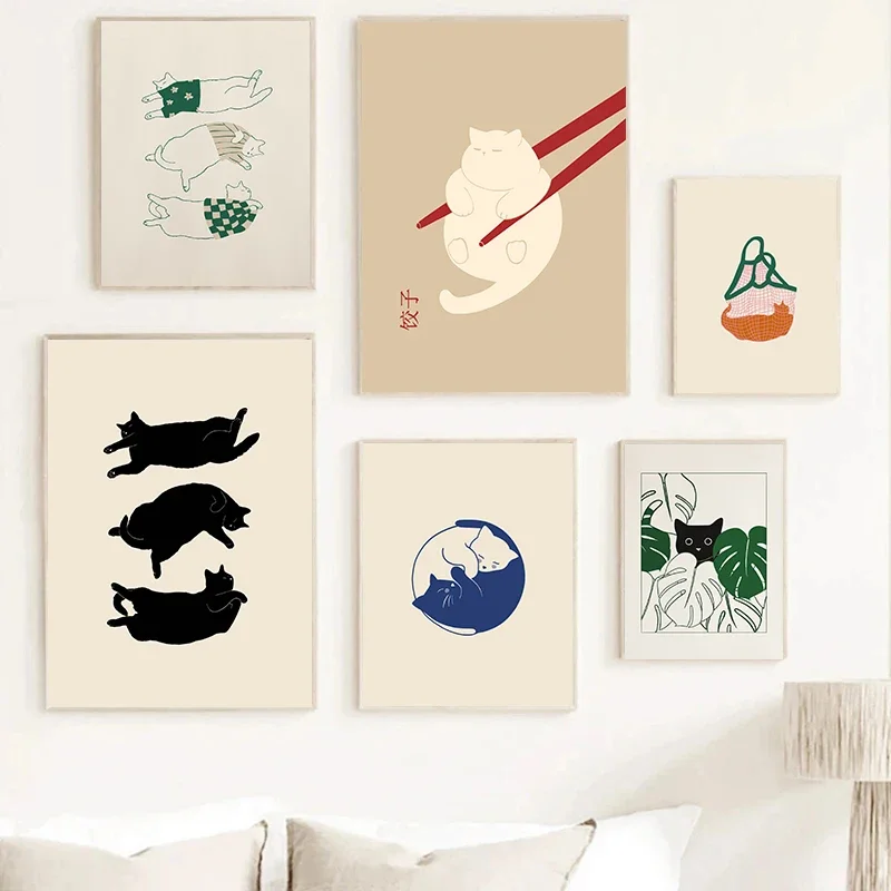 Vtipné mačky knedle lenivé ilustrácie mačky Abstrakt line plagát maľba maľba Nordic Wall Art Pictures pre kúpeľňu domáce dekorácie