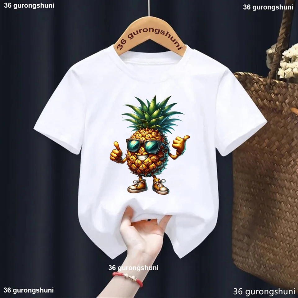 Vtipné ovocné ananás banán draka ovocie ovocné hrušky Tlačené chlapci Tričko letné móda kawaii dievčatá tričko biele košele topánky