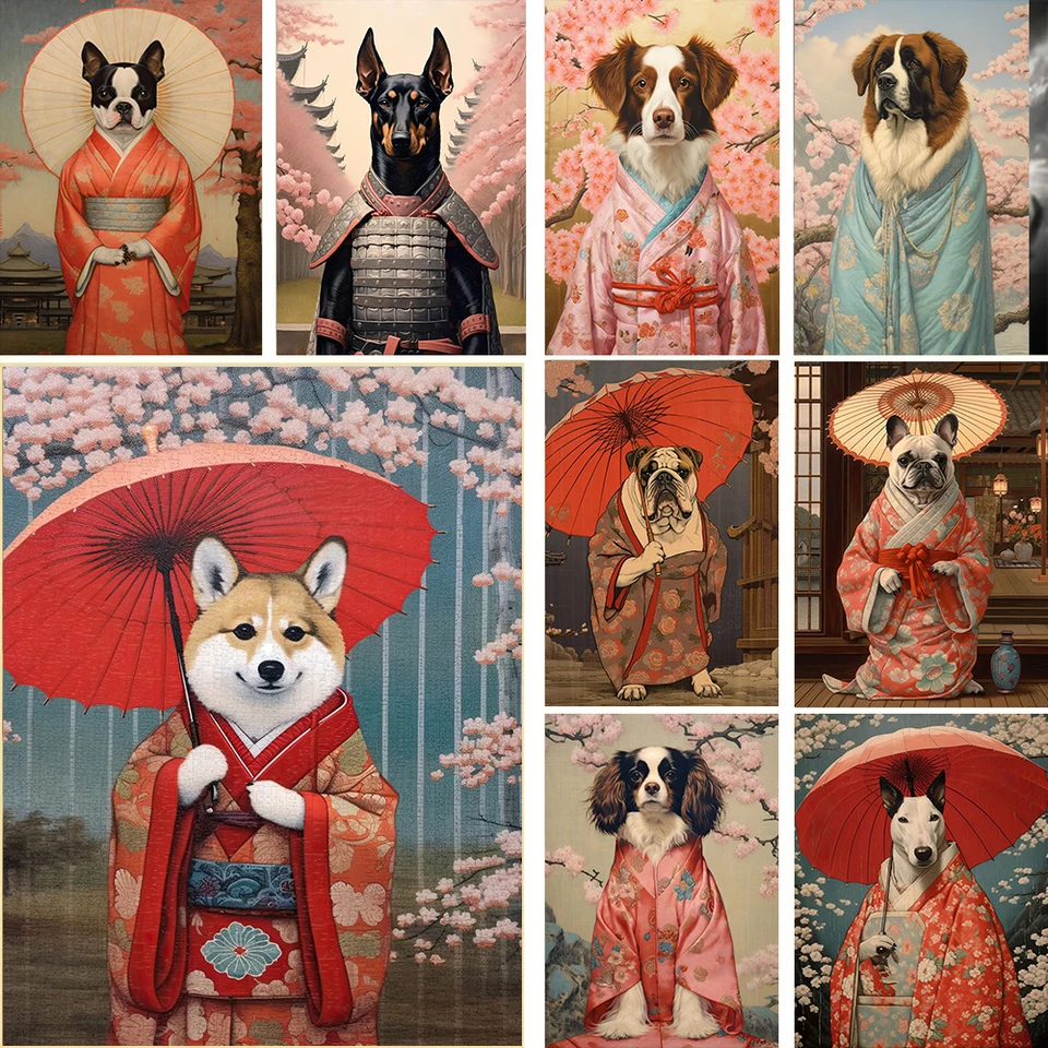 Vtipné portréty psov plagáty japonský umelecký pes geisha samurai plátno tlače maľby cuadros nástenné umelecké obrázky pre domáci dekor