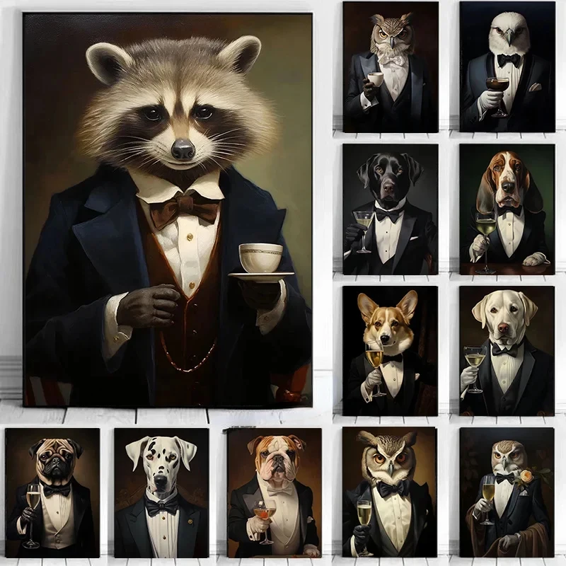 Vtipné roztomilé kawaii zvieracie mýval v smokingu Suxedo Suit Owl Pug Dog Art Plaght maľba maľba nástenná tlač obývacia izba Domáca výzdoba