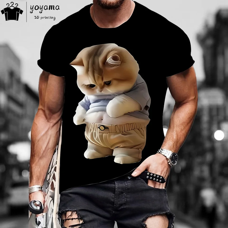 Vtipné tučné mačky grafické tričká Street móda krátke rukávy TEE Animal Print THINK TRIPLE MEN TRUSKOM OUCTION Pánske oblečenie