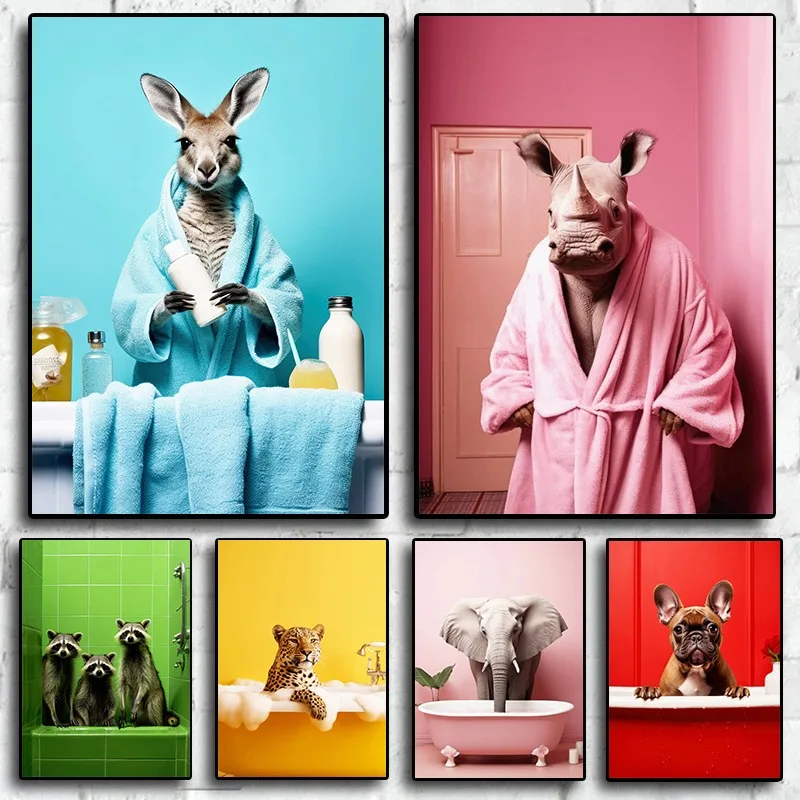 Vtipné zvieratá plagát Kangaroo Hippo Elephant Kúpeľ