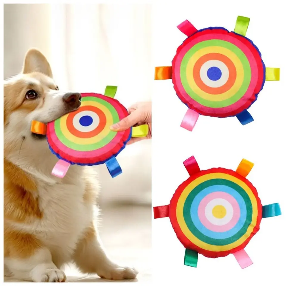Vtipný dúhový pies plyšový letecký disk hračky Outdoor Interactive Training Games Chew Toy Pets Flying Discs Hračky s zvonmi