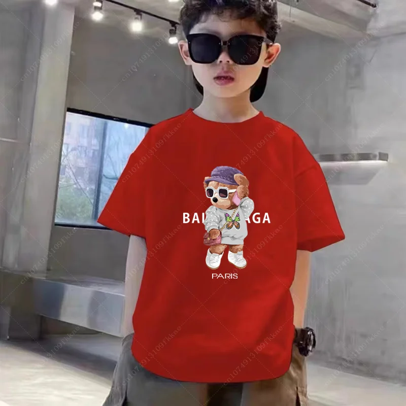 Vtipný medveď chlapec dievča čierne červené roztomilé karikatúra tričko Kid letné zviera anime topy tee deti deti rodinná skupina odev bavlna