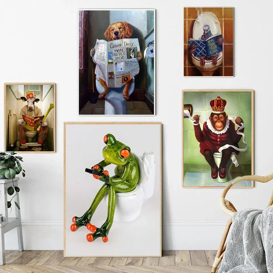 Vtipný pes žaba slona na toaletnej stene Obrázok plátno maľba maľba Nordic Creative Animal Plaght toaleta kúpeľňa Domáca dekorácia