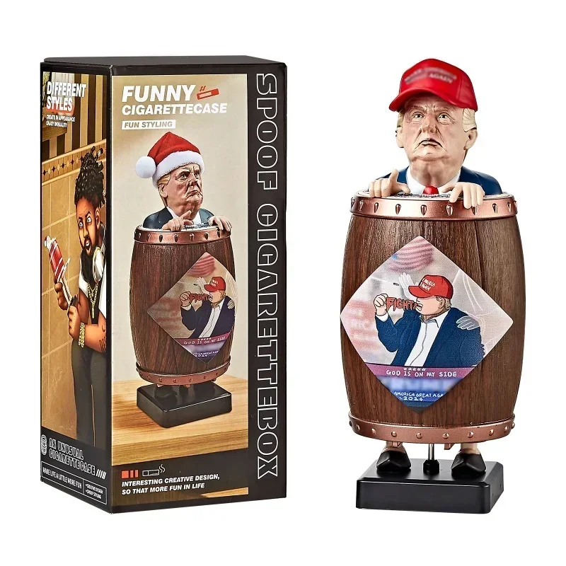 Vtipný Trump Cigarete DispenSer Creative spoof Cigaret Držiteľ boxu Santa Claus v drevenej sudovej cigaretách so sochou darček