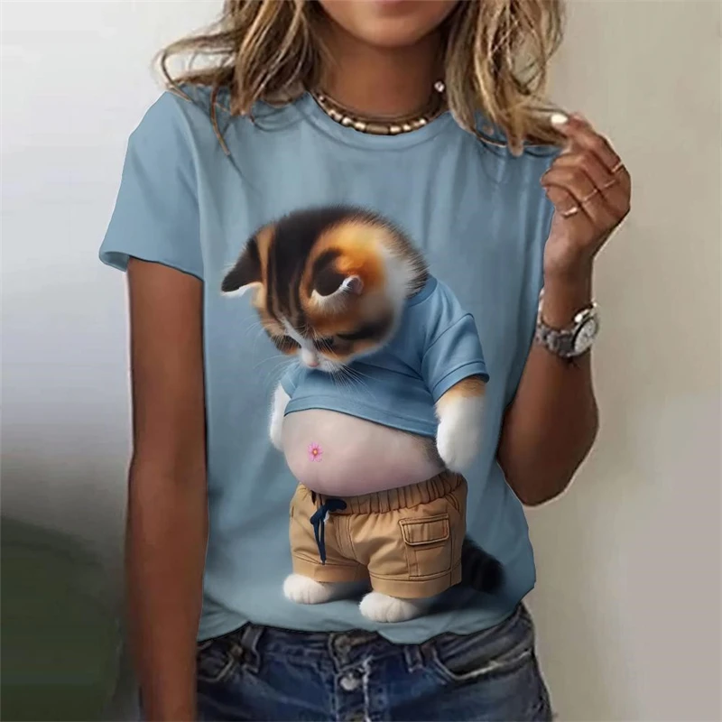 Vtipný tuk CAT 3D Tlačené tričká pre ženy dievčatá roztomilé zvieracie tlače Tops topy