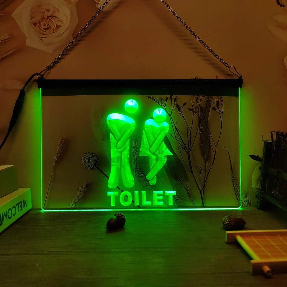 Vtipný vchod na toaletu 3D rezbárske podpisy Neónové múry pre dom, statok, izbu, spál