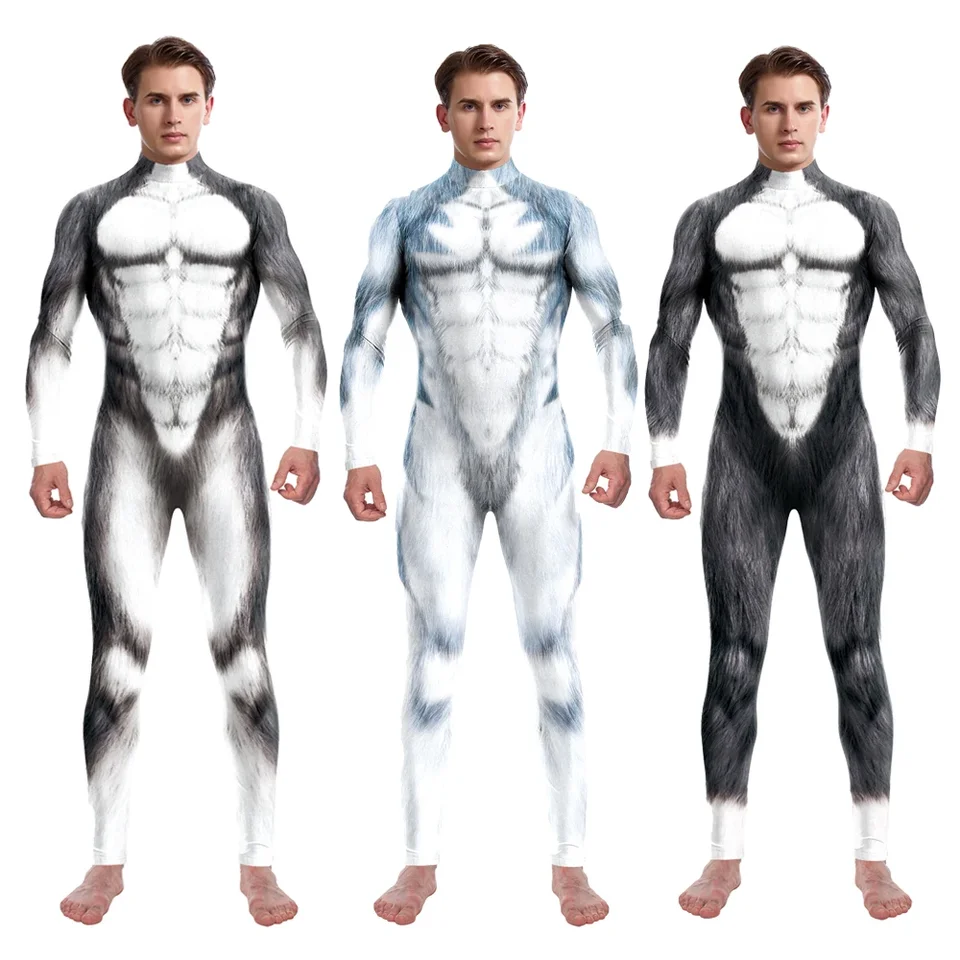 Vtipný zvierací husky líška vlk Vytlačený kostým Cosplay 3D Zentai Suits Halloween Party kombinéza pre dospelých mužských obliečok oblečenie