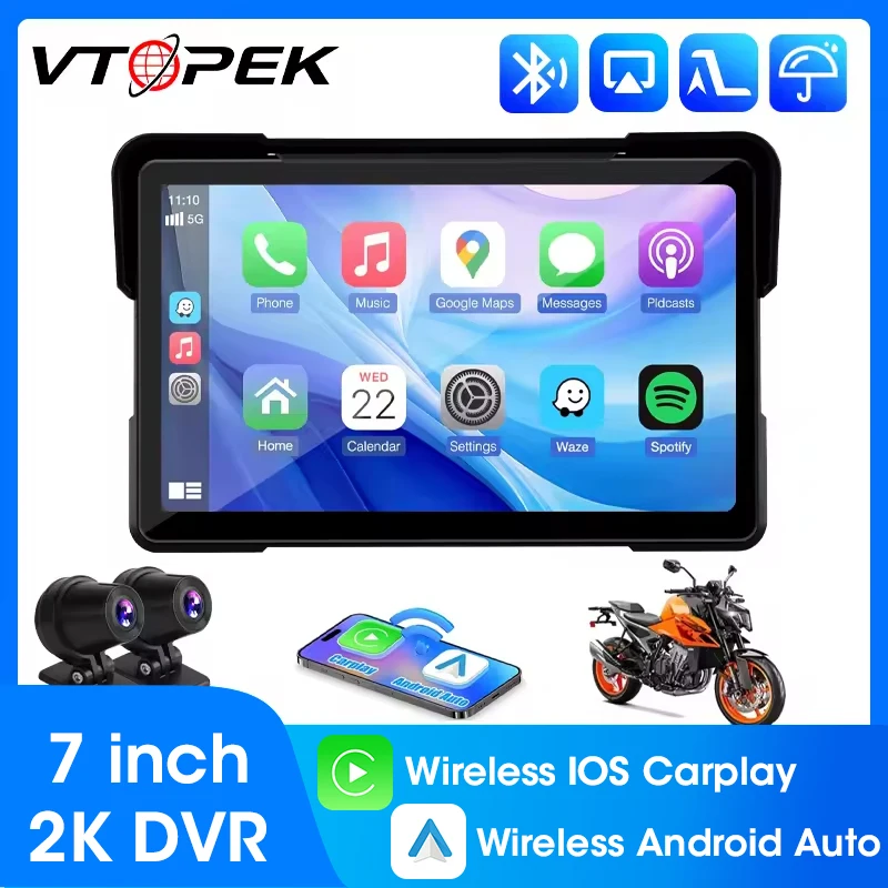 Vtopek 7 palcov prenosný prenosný motocykel DVR DVR Wireless CarPlay Android Auto LCD displej obrazovky obrazovky IP67 Vodotesný monitor GPS navigácia