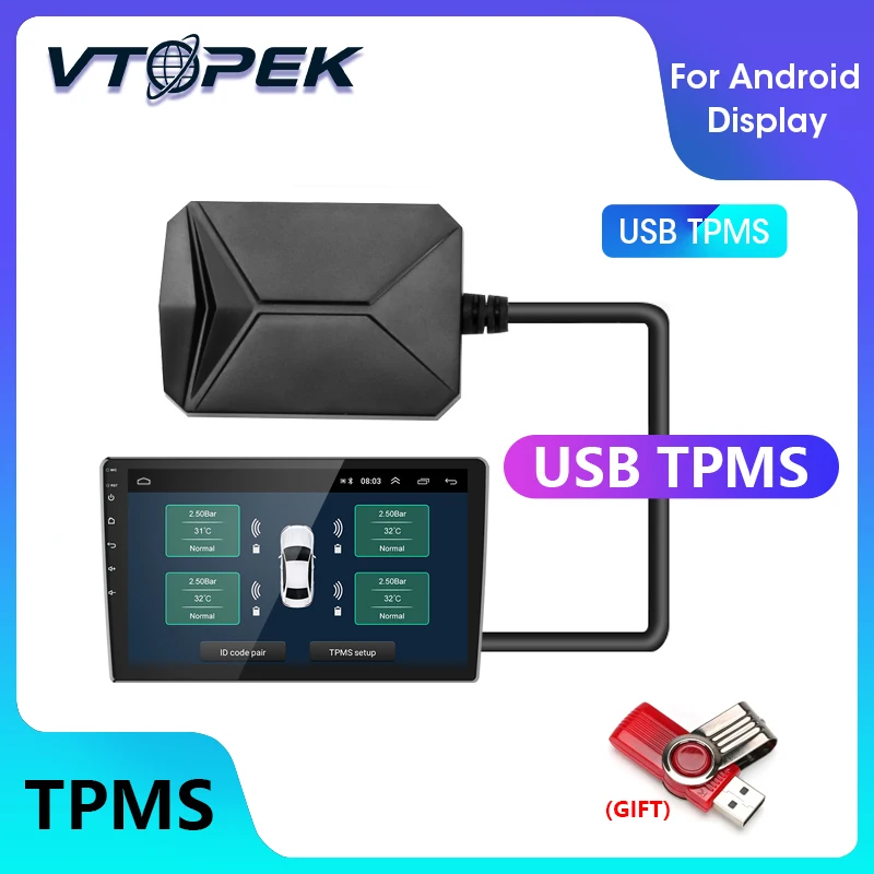 VTopek USB TPMS TRAJE TLAKOVÝ SYSTÉM TLAKOVÝCH MONIKÁLNEHO MONILOM SYSTÉMU PRE Navigácia s Androidom so 4 senzormi 5V bezdrôtovej prevodovky