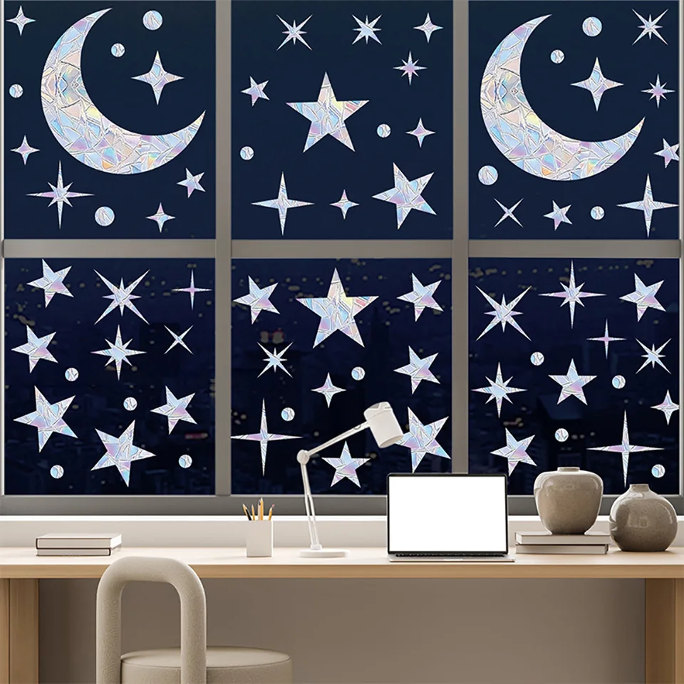 Vtáky motýle Moon Moons Hviezdy dúhové okno Suncatcher Sticker Farebné okenné nálepky DIY Elektrostatická nálepka sny
