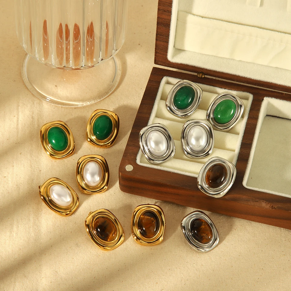 Vyhlásenie o nových výrobkoch Nature Stone Tiger-Eye náušnice Vodotesné Zlaté zlatá z nehrdzavejúcej ocele Pearl Stud Fuck pre ženy
