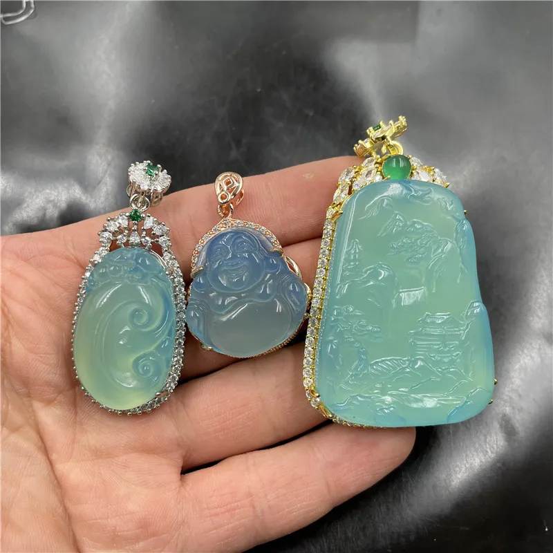 Vykladané jazero Blue Chalcedony Agate Agate Ruyi Landscape Sweater Reťaz prívesok