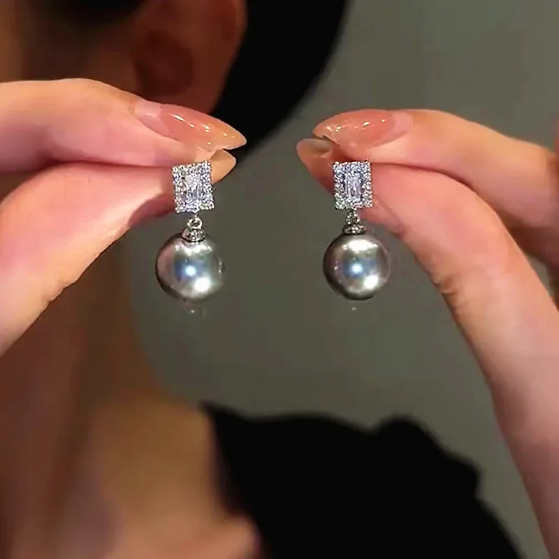 Vykladané zirkónové námestie Grey Pearl Pendant náušnice pre ženy Móda Prispôsobené denné doplnky Party