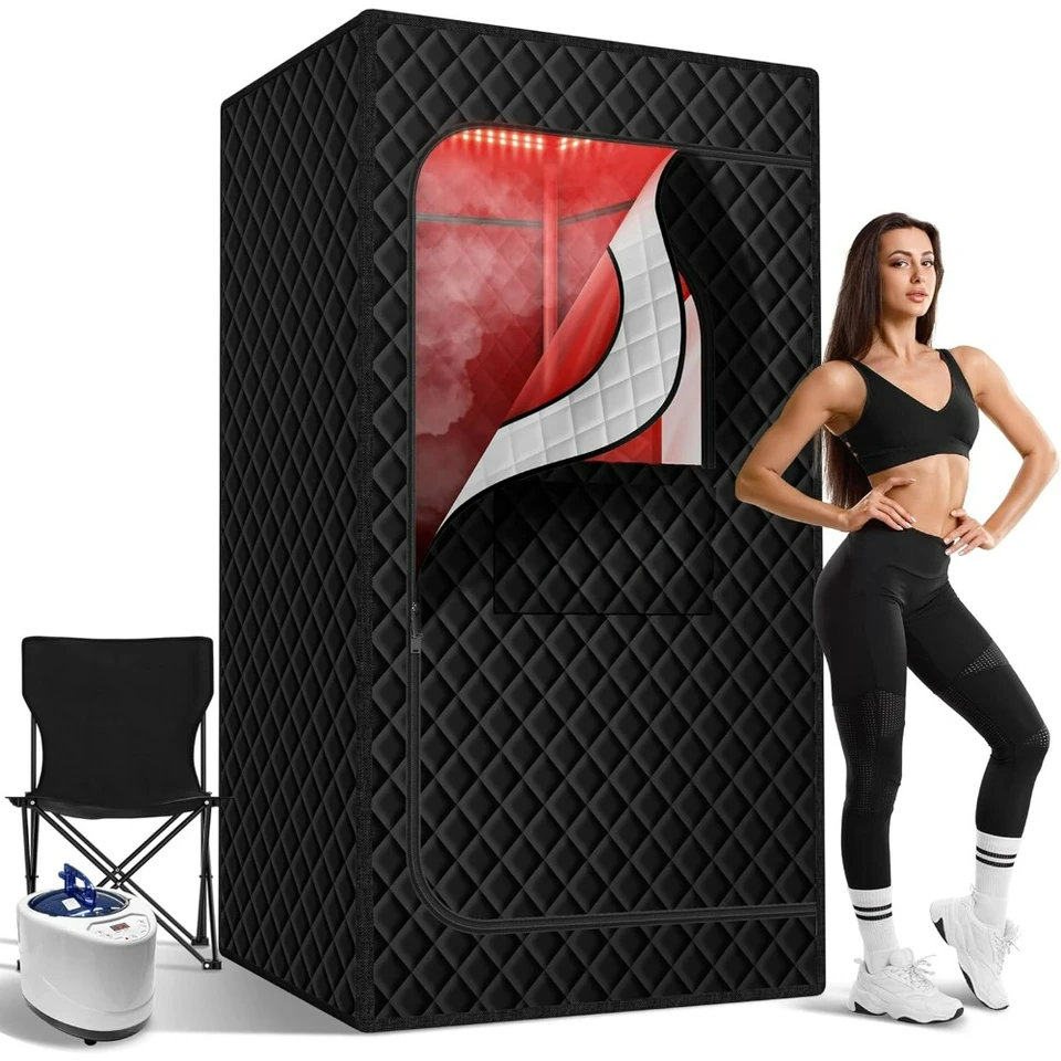 Vylepšená infračervená sauna box na relaxáciu, detoxikáciu, prenosná parná sauna s parníkom XL, skladacím stoličkou, viac