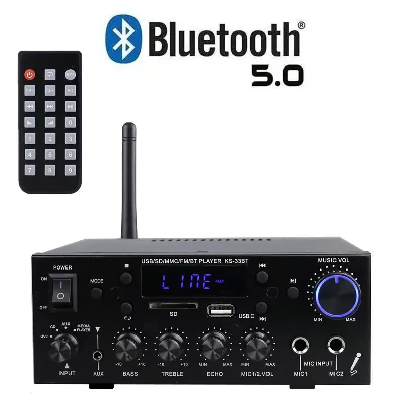 Vylepšené KS-33BT Nízkofrekvenčné stereofónne hifi digitálne zosilňovač Bluetooth LED digitálne zvukové FM rádio 2x60W AmplificAdor zosilňovače