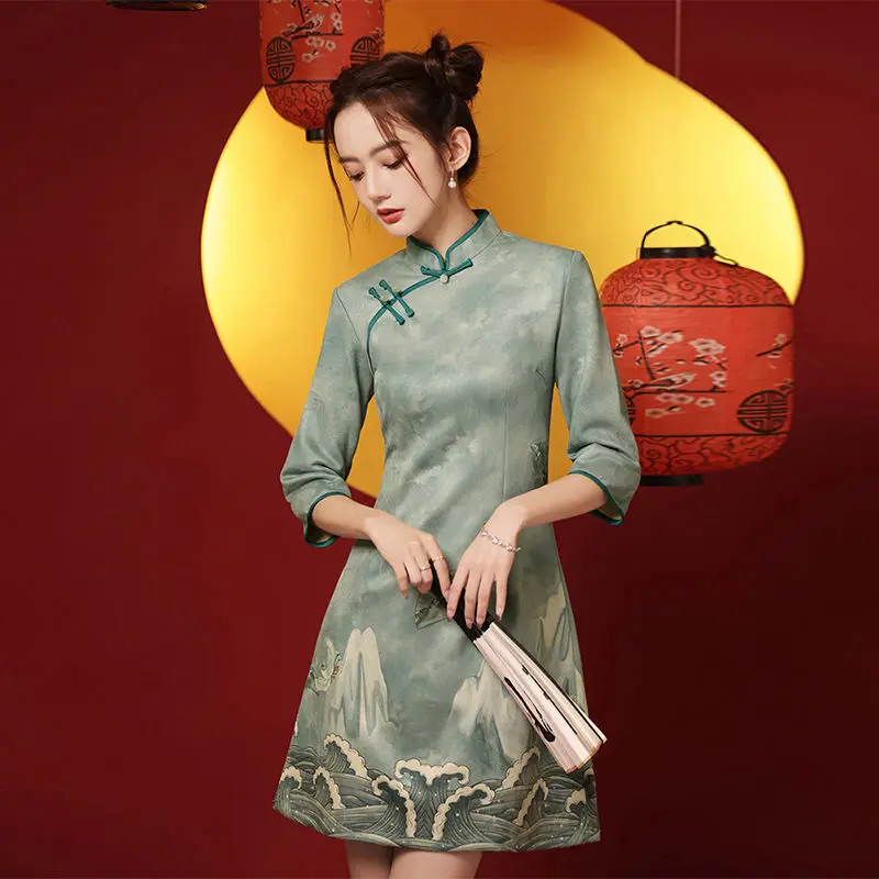 Vylepšené šaty Cheongsam A-line Ženy sexy nový Cheongsam National Tide Short Qipao Elegant Retro Vestidos čínsky štýl šaty