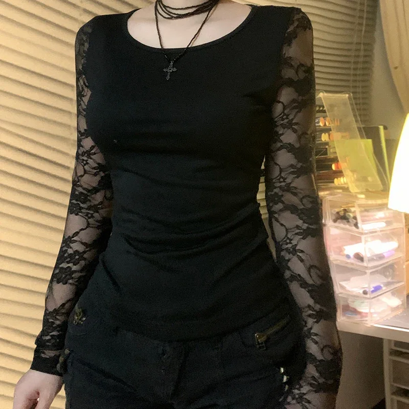 Vylievanie čipky rukávov patchwork top dámska jesenná jar sexy tenké tričká Elegantné elegantné elegantné posádky krku topy retro retro