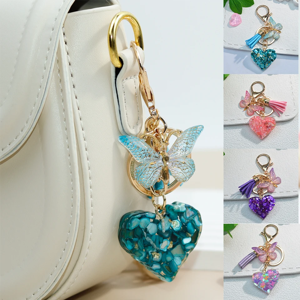 Vynikajúce srdcové kúzla Kľúčenky s motýľovým strapcom lesklým flitrom naplnené živice Keyrings Dámske ozdoby