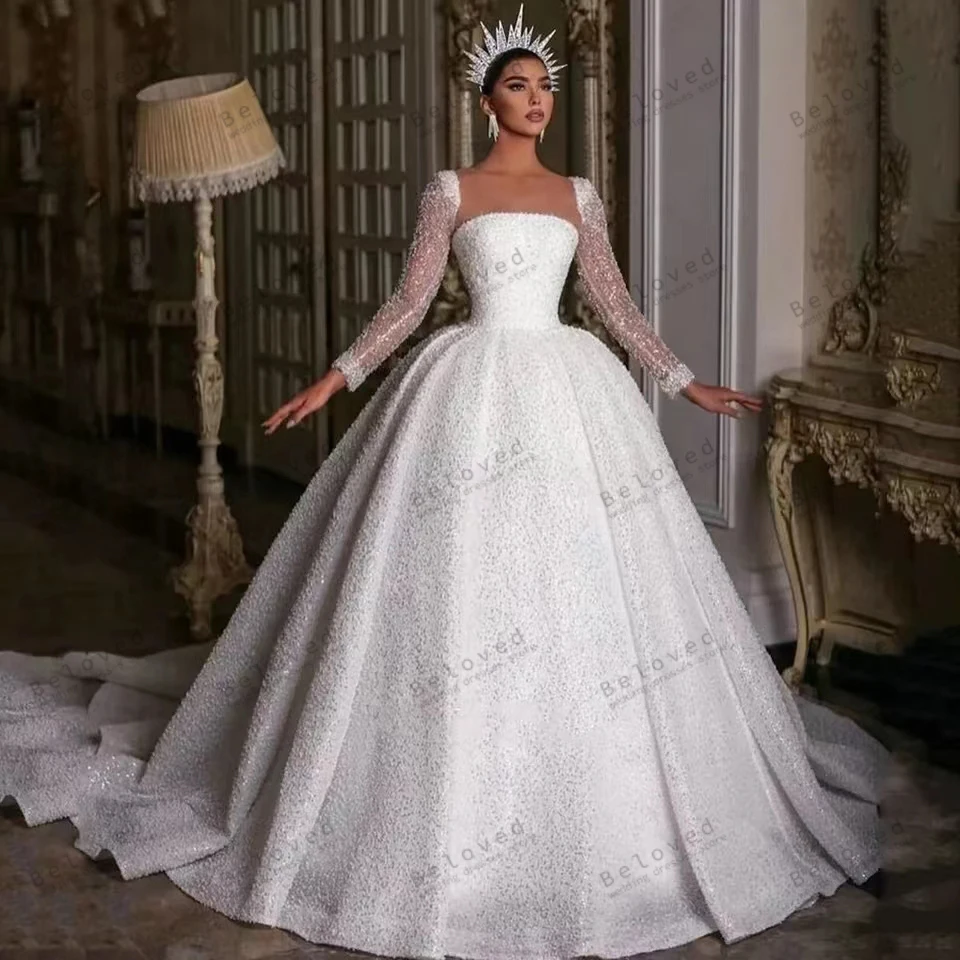 Vynikajúce svadobné šaty princezná svadobné šaty lesklé rúcho pre párty štvorcový golier plné rukávy Vestidos de novia prispôsobené