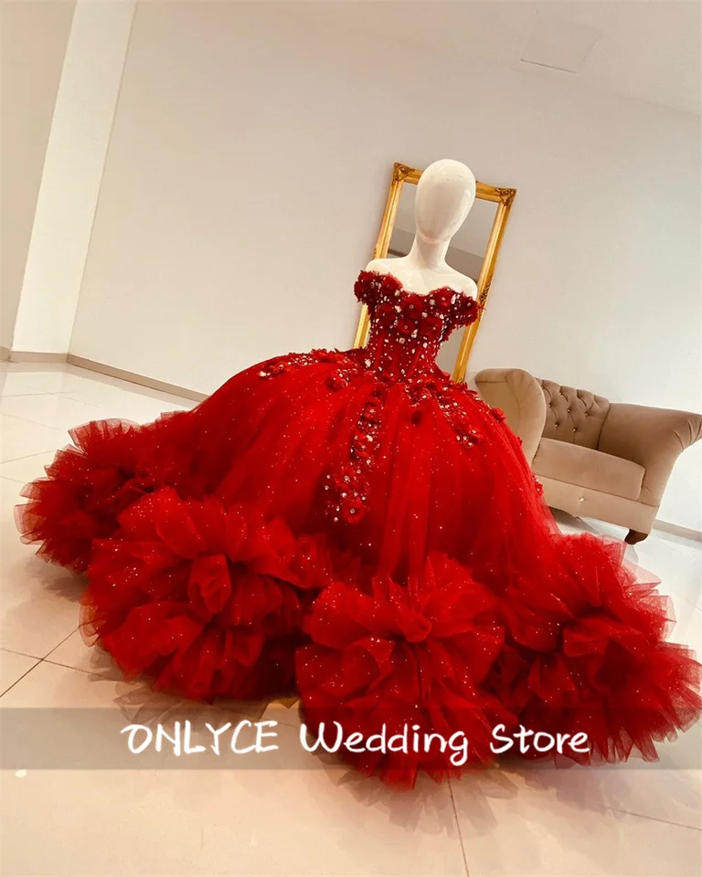 Vynikajúce červené kvetinové šaty pre svadobné voláre kvetinové aplikace perly krištáľová princezná narodeniny Vestido prispôsobená