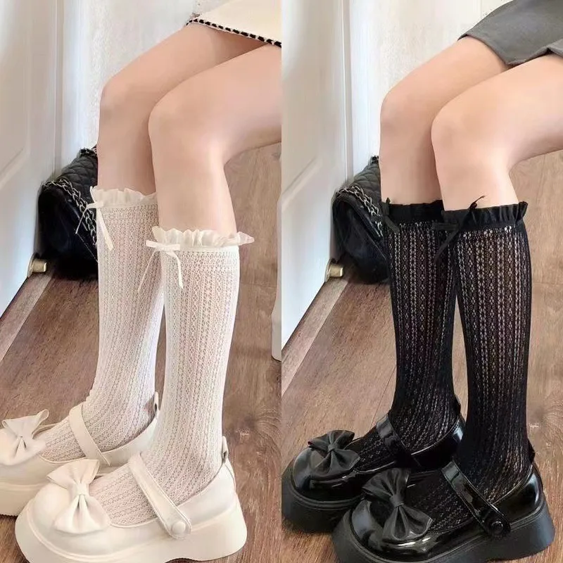 Vynikajúce ženy sexy rybárske luky pančuchy priedušné čipky koleno vysoké teľacie ponožky dizajn Skladané ponožky JK zápas s topánkami Mary Jane