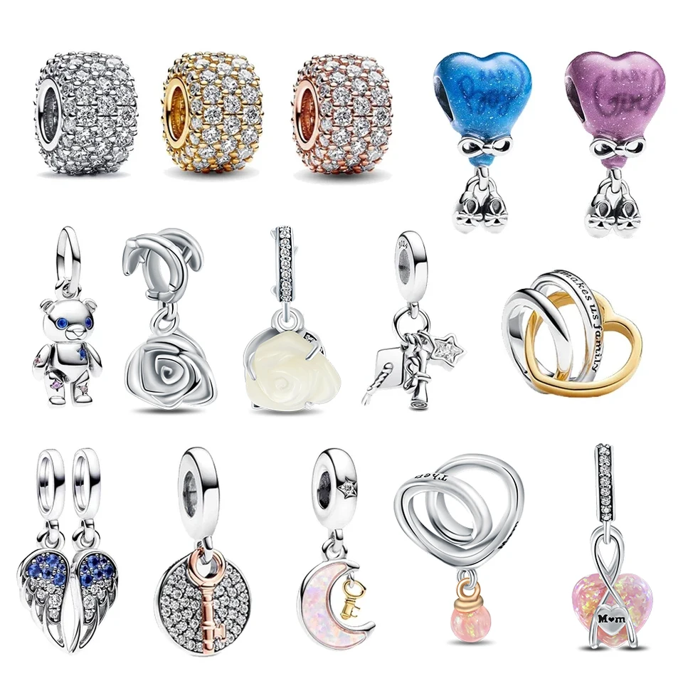 Vynikajúci 925 Sterling Silver Moon Family Love Key Angel Wings Double Dangle Parme Fit náramok náhrdelníkov Dámsky šperk darček