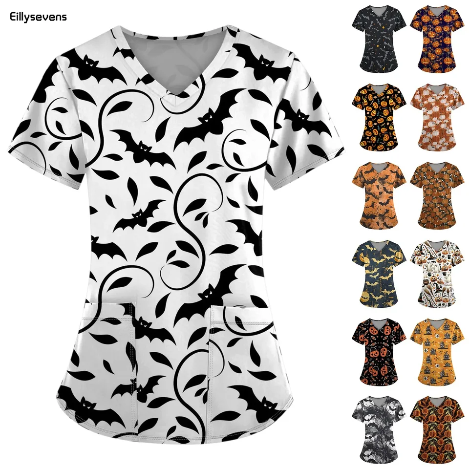 Vys-krk pracovná nemocnica Uniforma Halloween chirurgická košeľa tlač plus veľkosť zdravotnej sestry Medical Uniform Scrub Tops Dámske tekvica blúzka