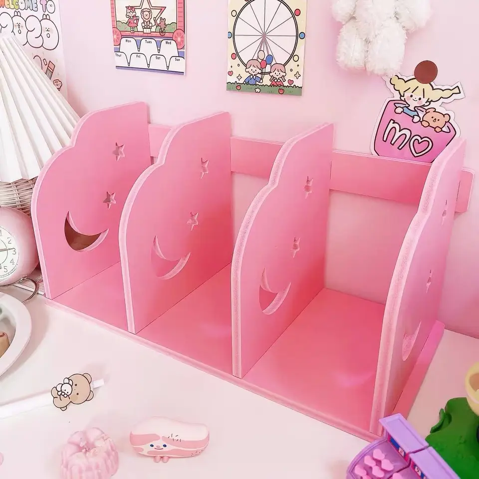 Vysoko kapacita kreatívneho dreveného mesiaca a hviezdnych kníh, stojan na podporu kníh, organizátor stôl, Pink Storage Dolder Poličky, darček pre dievčatá