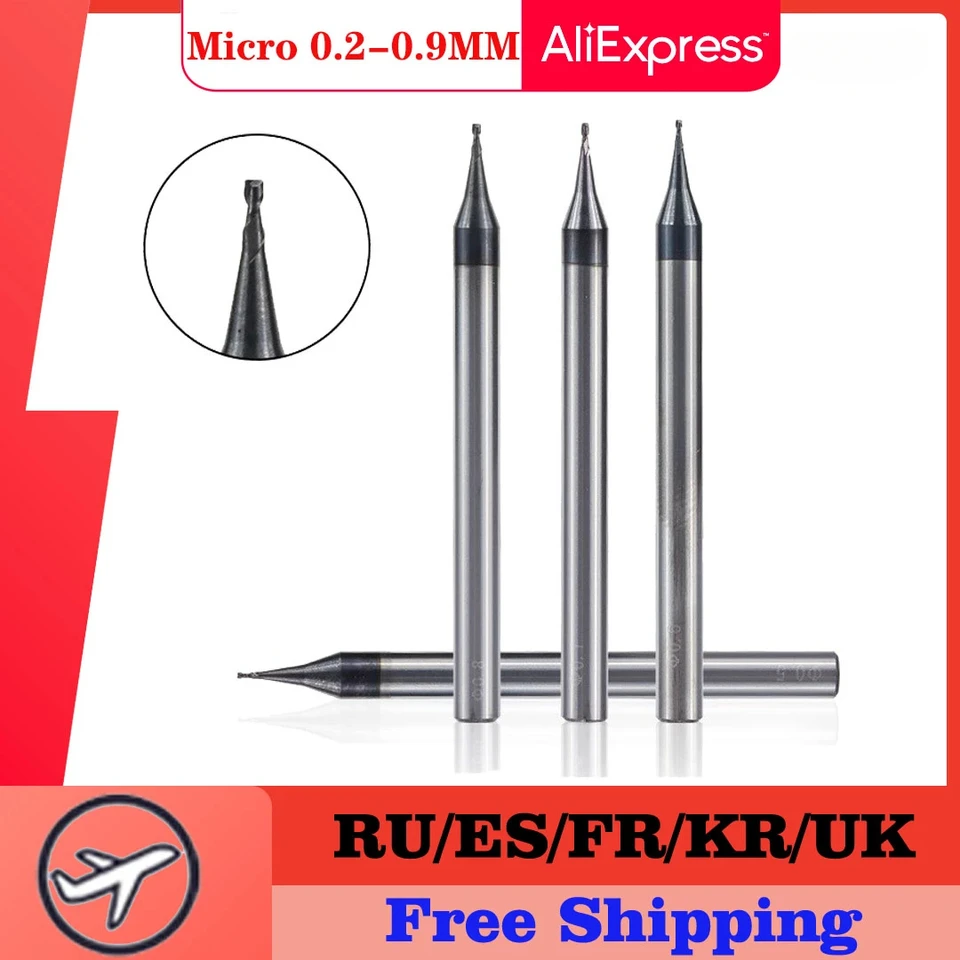 Vysoko kvalitná 0,2-0,9 mm micro 2 flauty plochý koncový mlyn CNC router bit 4 mm driemka Tungsten karbid koncový mlyn mini frézovacia fréza Cutter