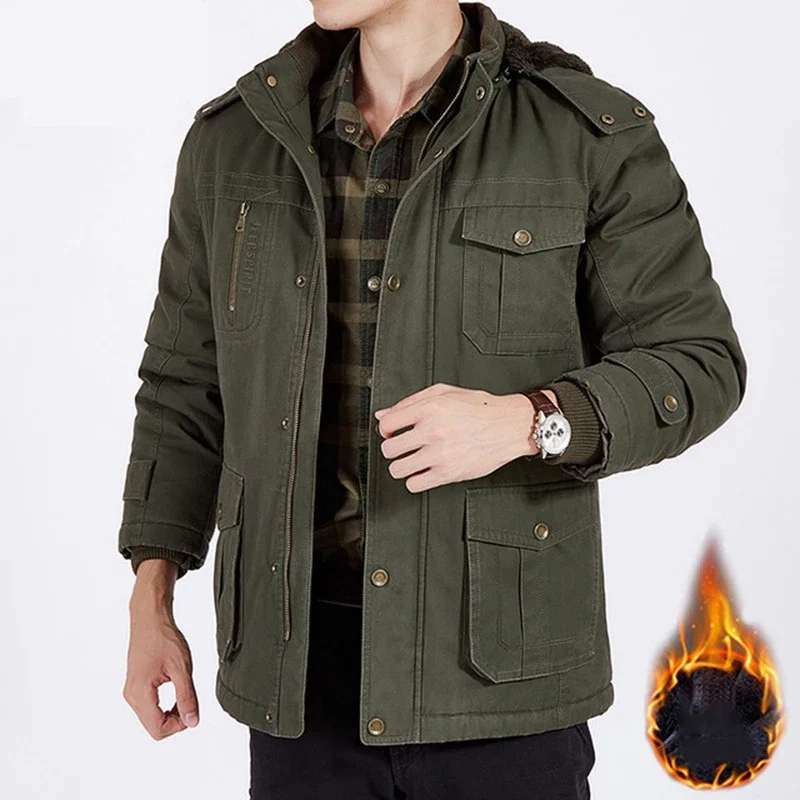 Vysoko kvalitná zimná bunda Men s kapucňou vonkajšie husté teplé vrstvenie vlnenej vložky Long Parka Coat Muž plus veľkosť m-4xl ropa hombre
