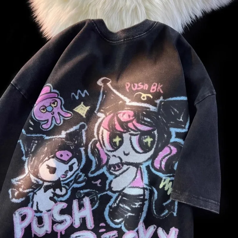 Vysoko kvalitné 100% bavlnené kuromi graffiti umyté y2k vrcholy vintage harajuku letné nadmerne nadmerné tričko gotické tričko pre ženy