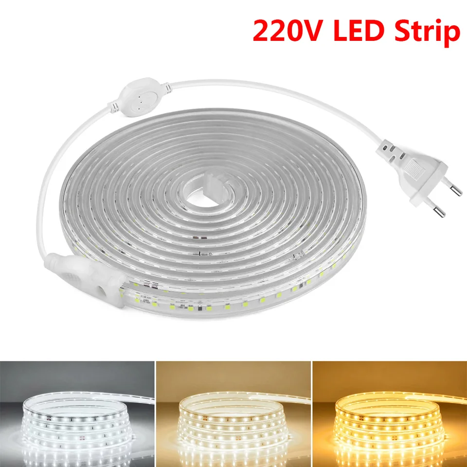 Vysoko kvalitné AC 220V LED pásové svetlá Flexibilné LED stužka vonkajšia vodotesná LED lampa pre osvetlenie domáceho dekorácie s elektrickou zástrčkou EÚ