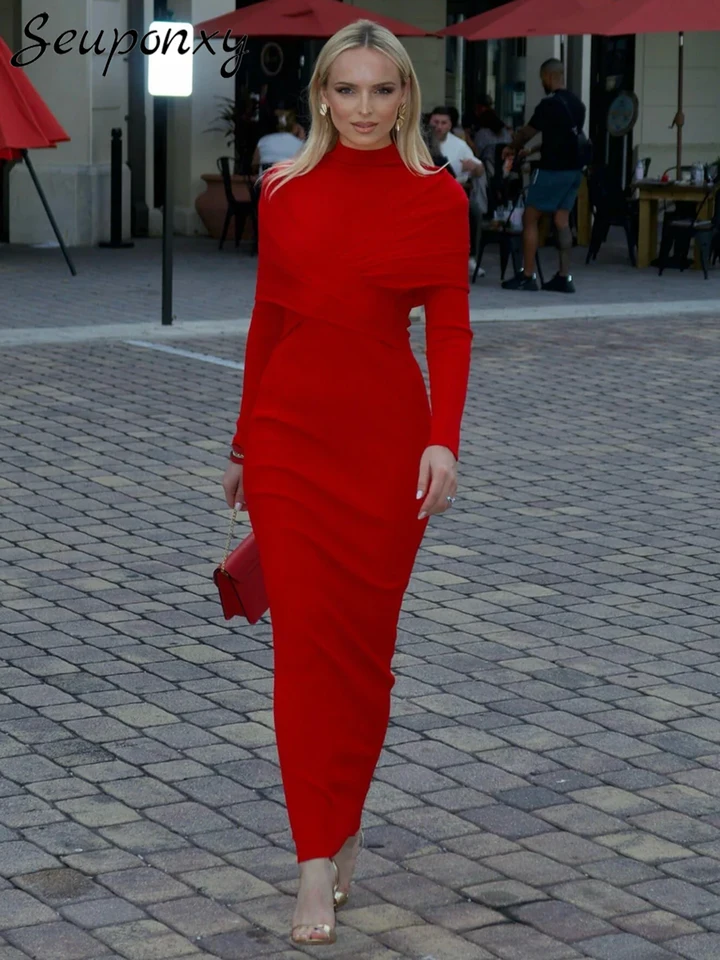 Vysoko kvalitné dámske červené bandáž dlhé šaty Sexy vysoký krk šál štýl s dlhým rukávom skladaným celebrity Club Party Dress Vestidos