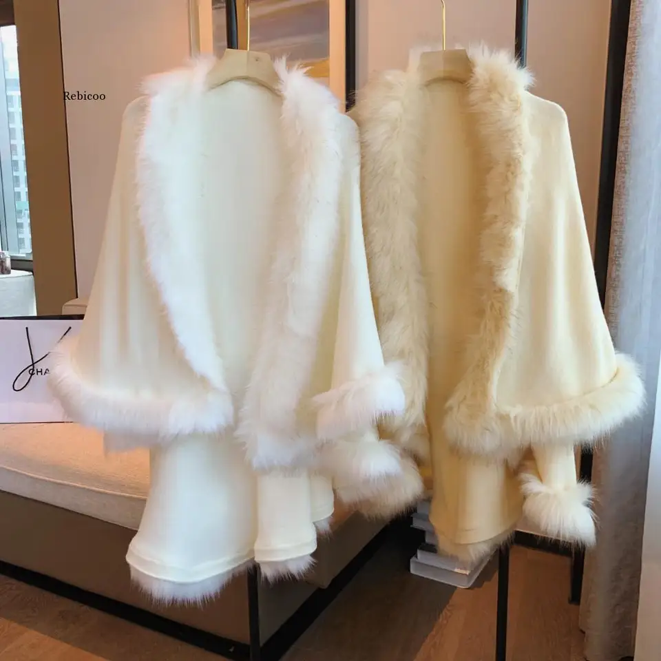 Vysoko kvalitné jeseň nové ženy Elegantné vlnené pletené dvojvrstvové sveter Imitácia Fox Fox Shawl Poncho Cape Coat