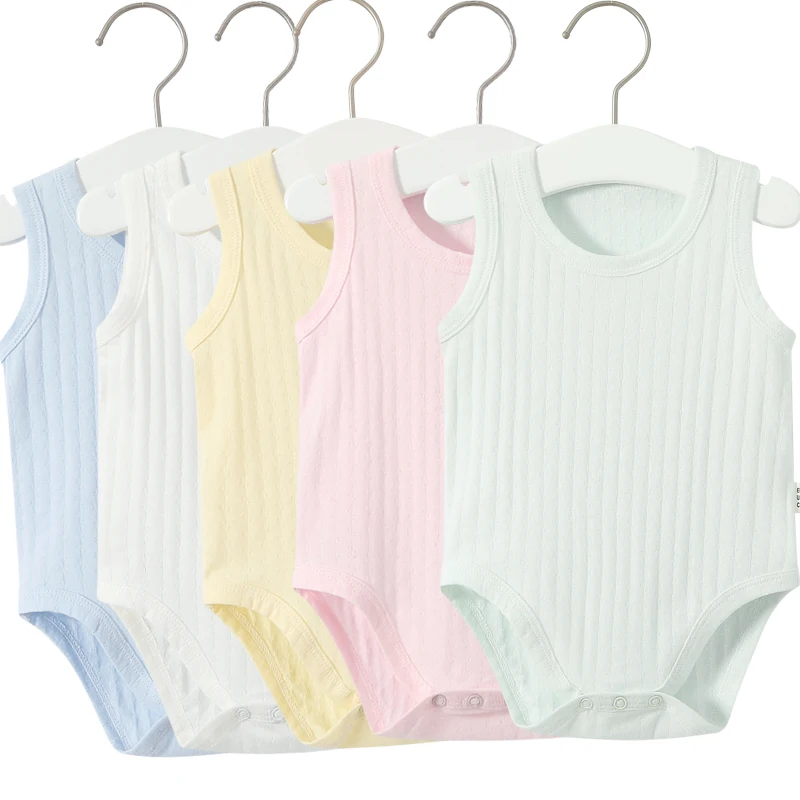 Vysoko kvalitné mäkké priedušné 100% bavlnené rukávy bez rukávov Round-Neck Summer Bodysuit Plain Dojčenské oblečenie