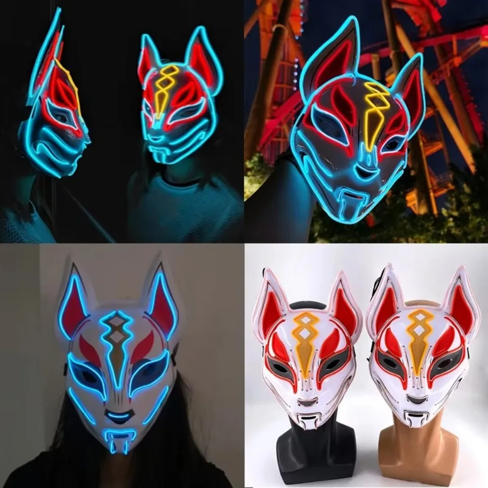 Vysoko kvalitné PVC japonská líška maska ​​opakovane použiteľná odolná LED neónová svetlá maska ​​Full Face Dance Party Requs