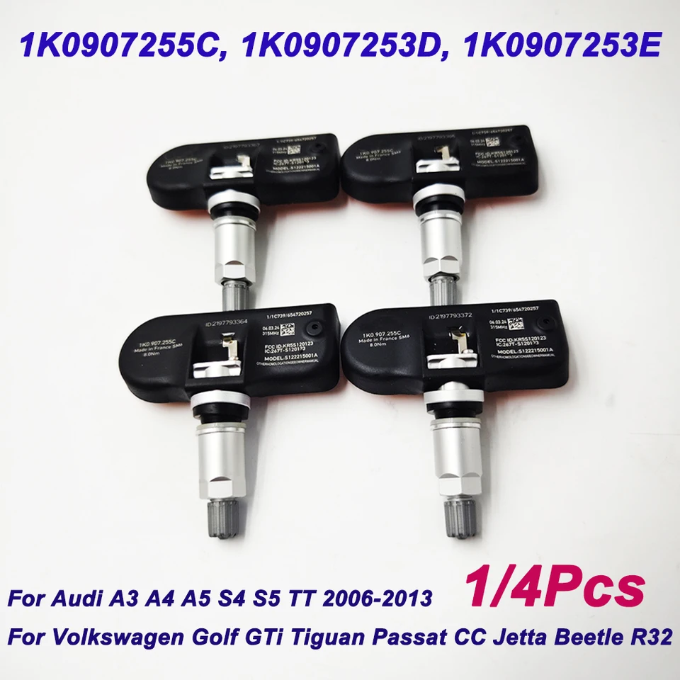Vysoko kvalitné TPMS 1K0907255C 1K0907253D 1K0907253E 315 MHz Senzor tlaku v pneumatikách pre Audi A3 A4 A5 S4 S5 VW Golf Passat CC Jetta