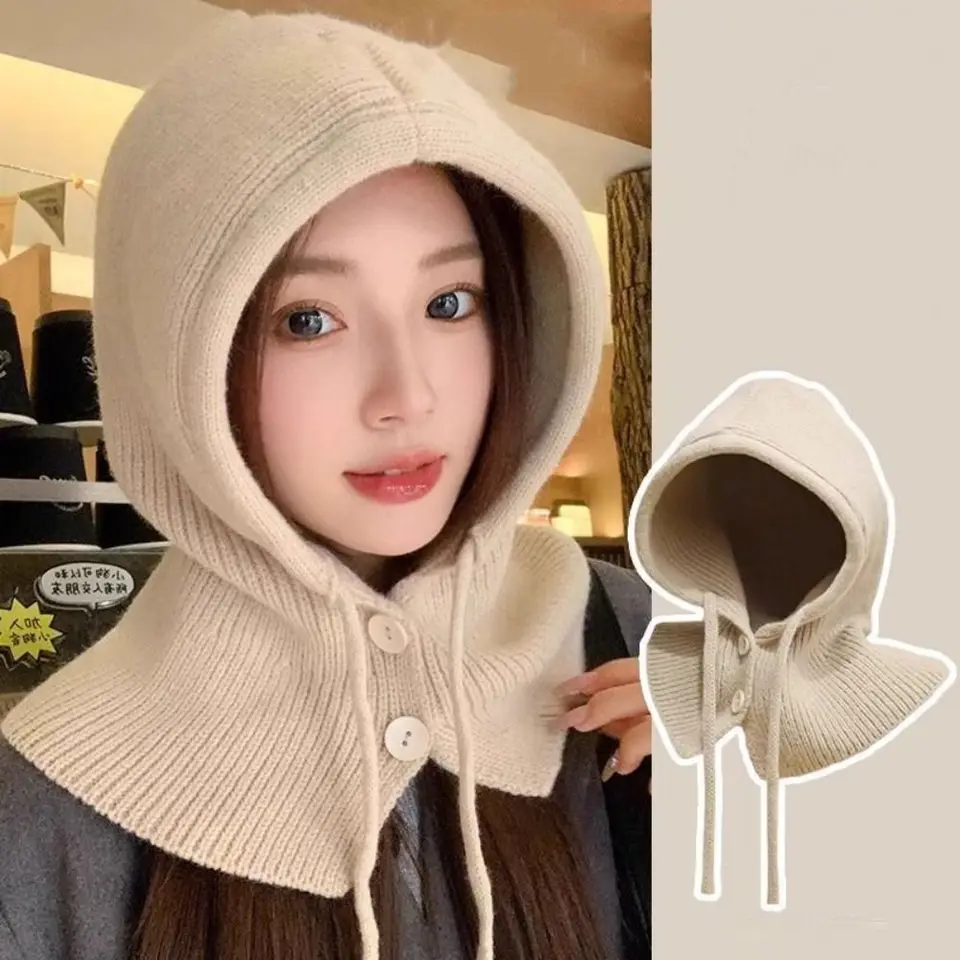 Vysoko kvalitné zahusťované šatky klobúky Balaclava natiahnuté vetru vetru pletené čiapka čiapka jednodielny dizajn gombíka Snood Collar Hood Lady